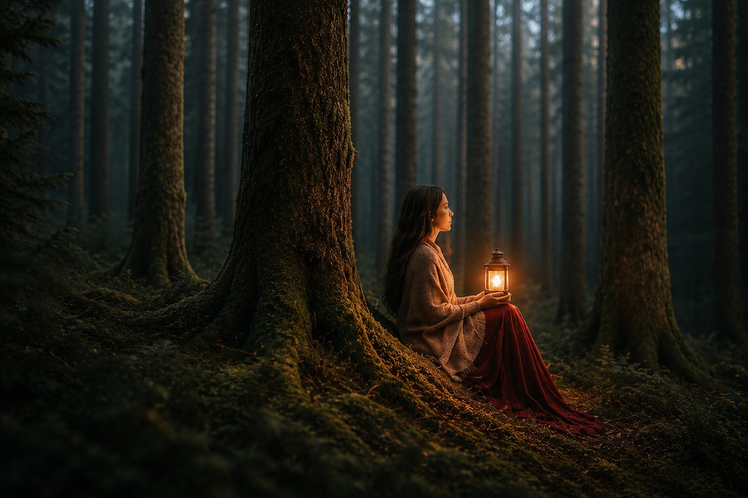A woman sitting peacefully in a forest holding a glowing lantern, a moment of calm.